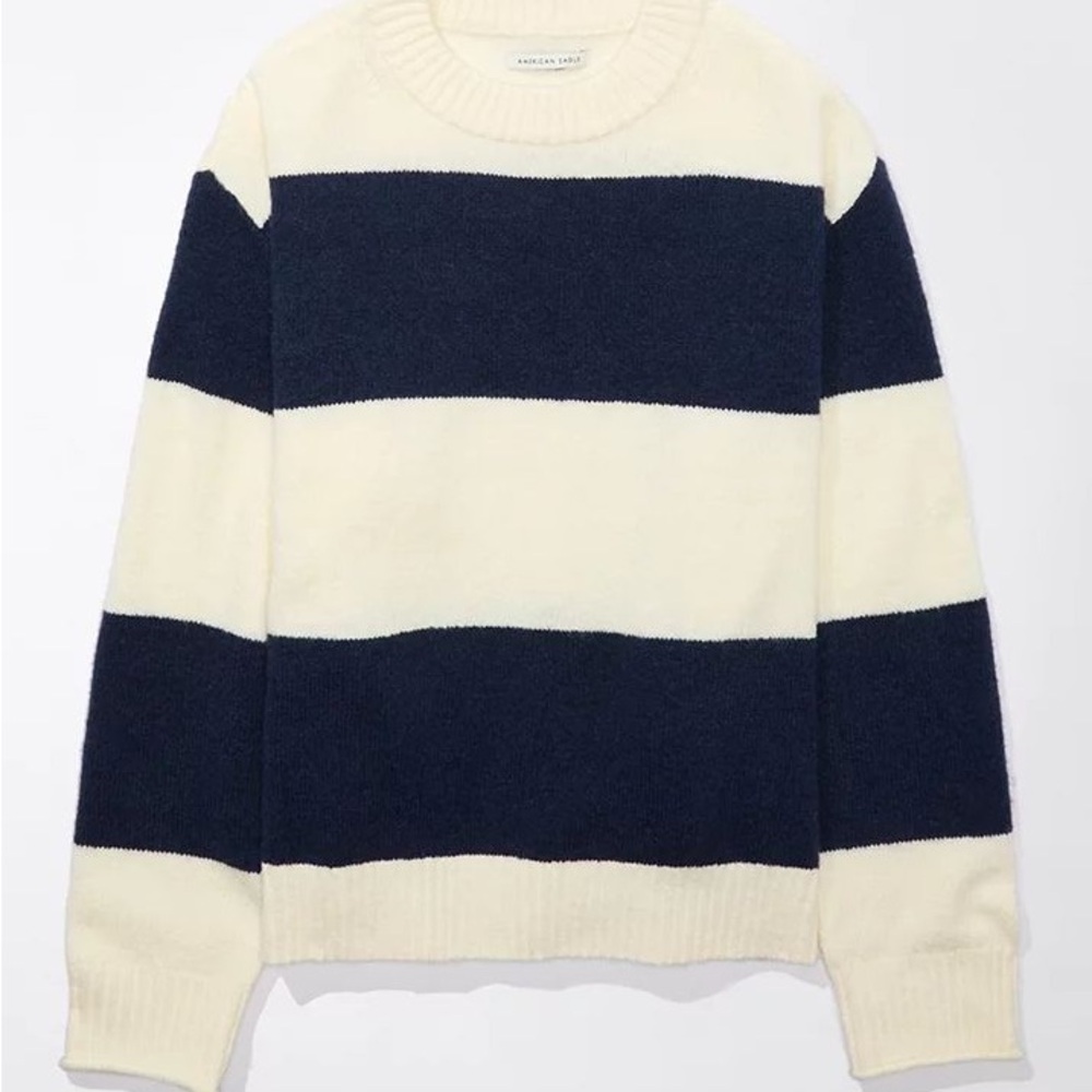 American Eagle Outfitters Navy and Cream Striped Crew Neck Sweater
